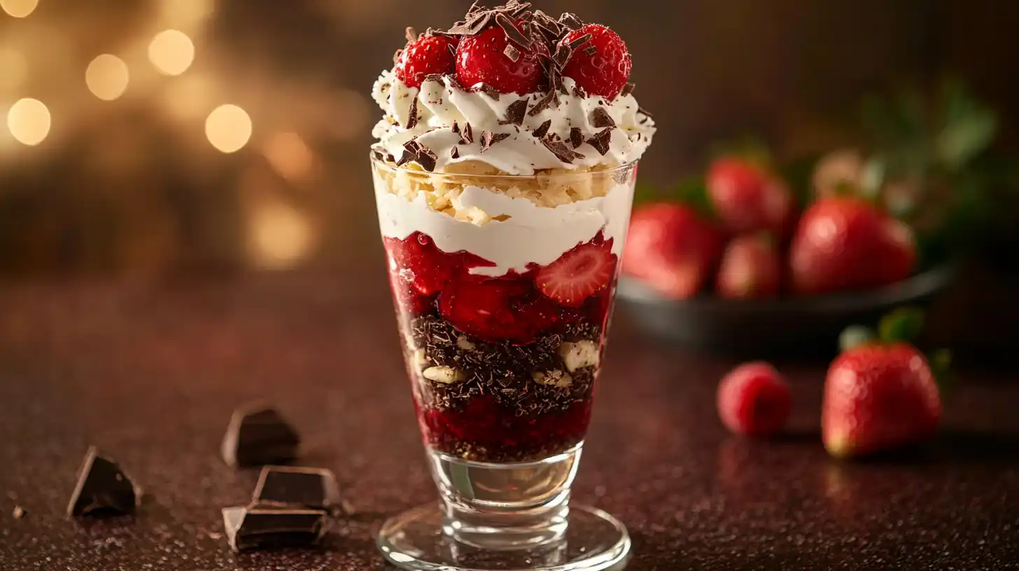 A modern dessert featuring layered strawberries, cream, and chocolate in a glass.