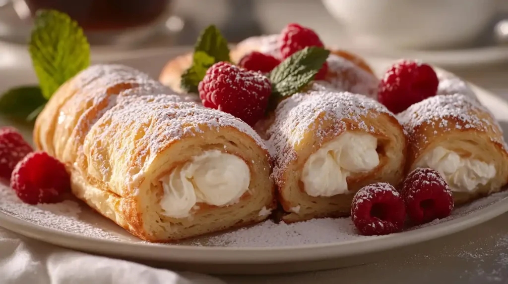 A plate of stuffed Hawaiian Roll French Toast with cream cheese filling, topped with powdered sugar.