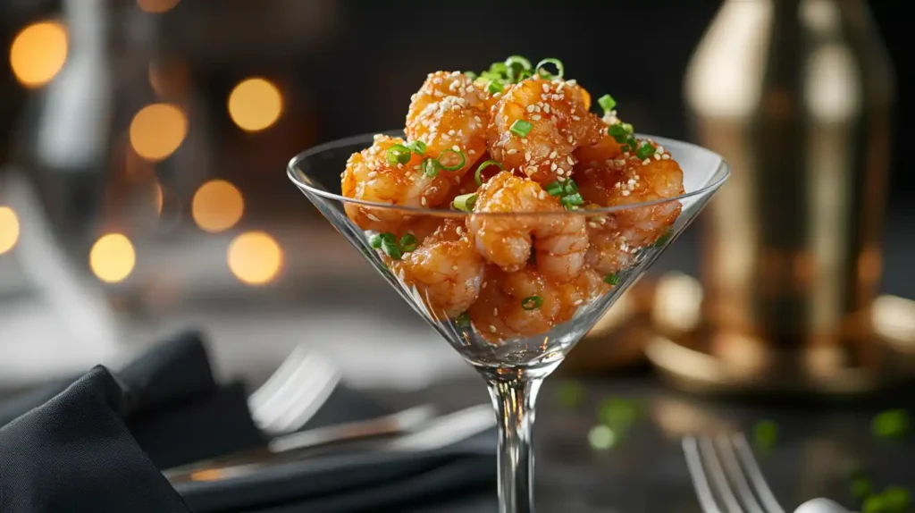 Bang Bang Shrimp served in a martini glass with garnish.