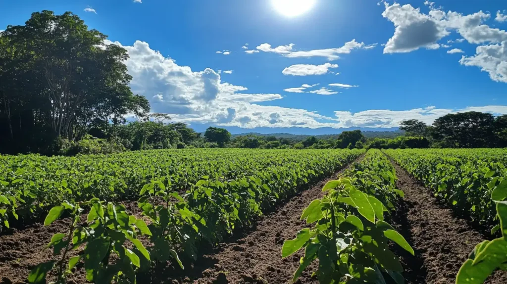 A farm field with rows of bean plants growing under the sun.