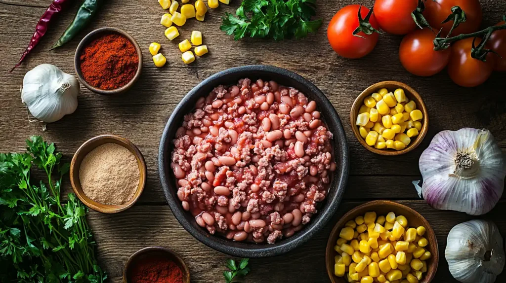 Fresh taco soup ingredients including ground beef, beans, tomatoes, corn, and spices laid out on a wooden table.