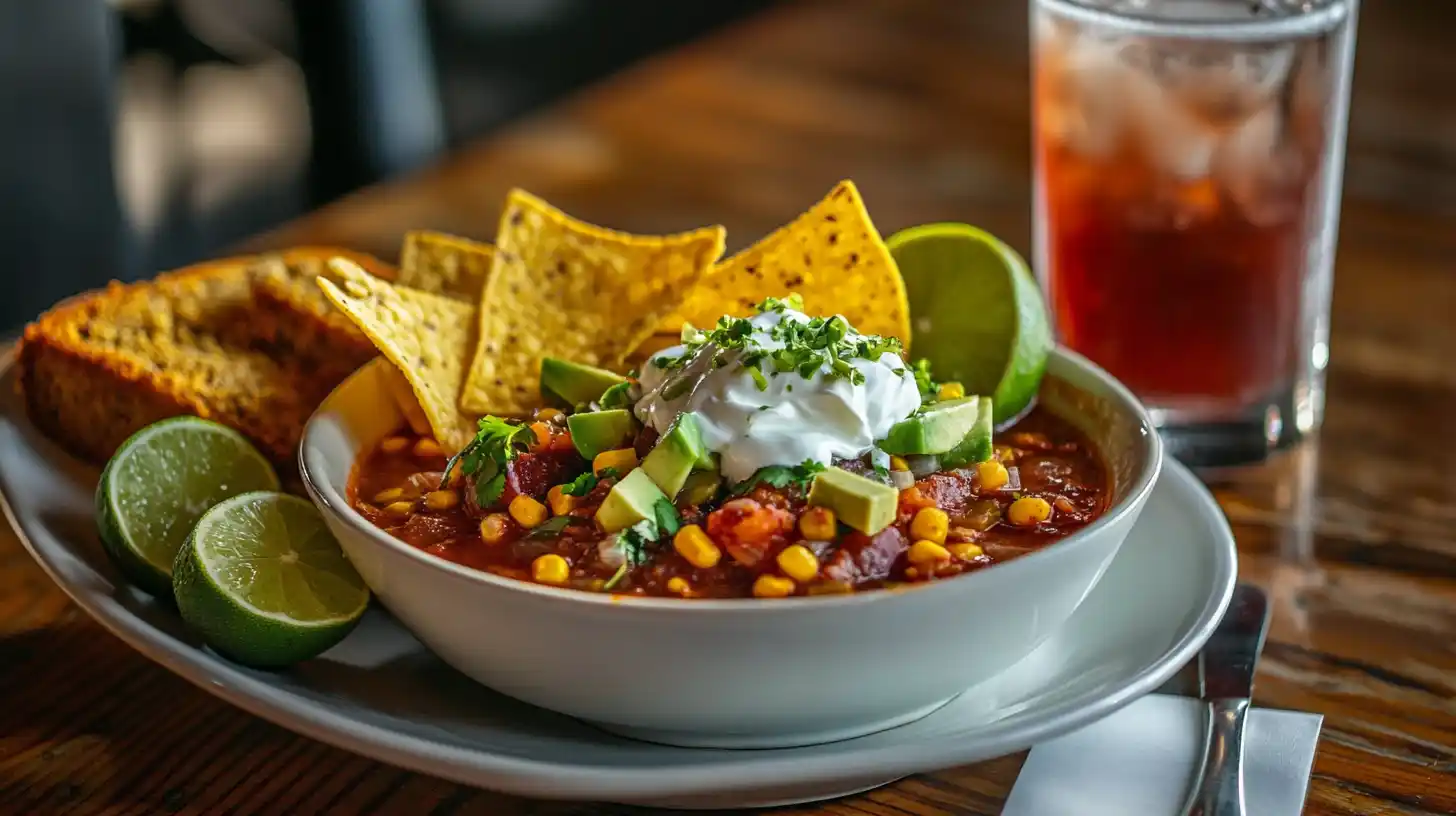 A beautifully plated chilled taco soup served with cornbread and lime wedges on the side.