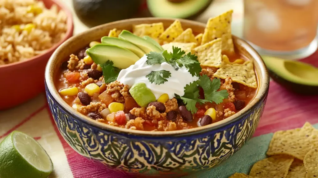 A refreshing bowl of Taco Soup Frios with toppings and tortilla chips, served on a colorful tablecloth with side dishes.