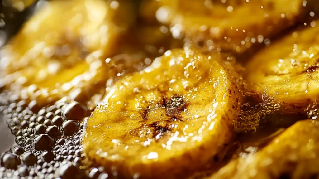 Sliced plantains frying in bubbling oil