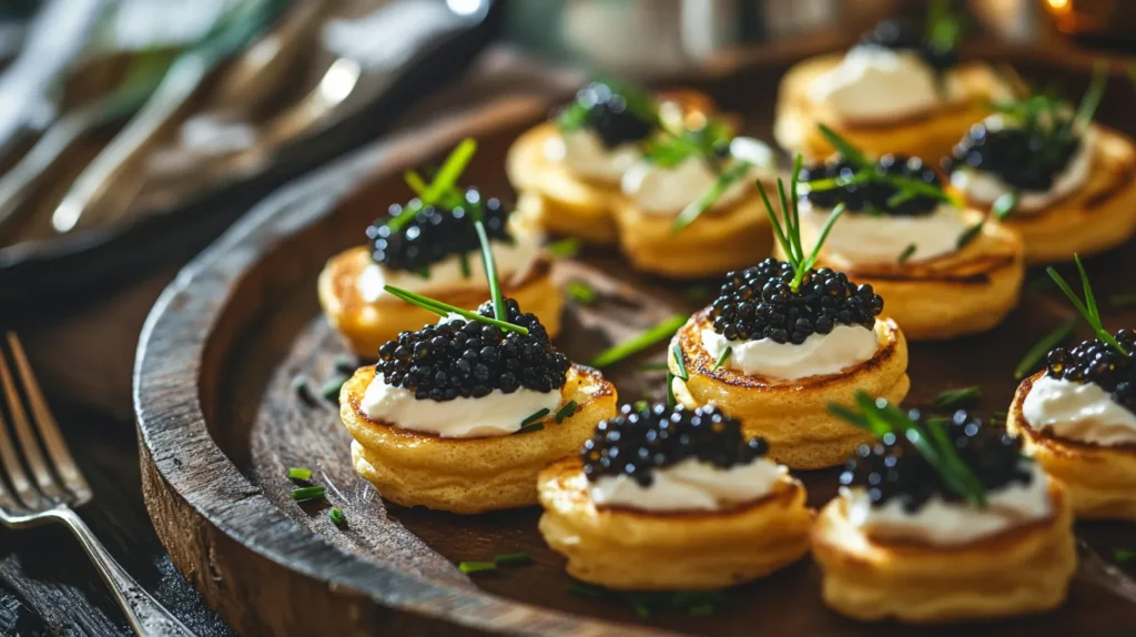 A tasting platter of crumpets with caviar and crème fraîche