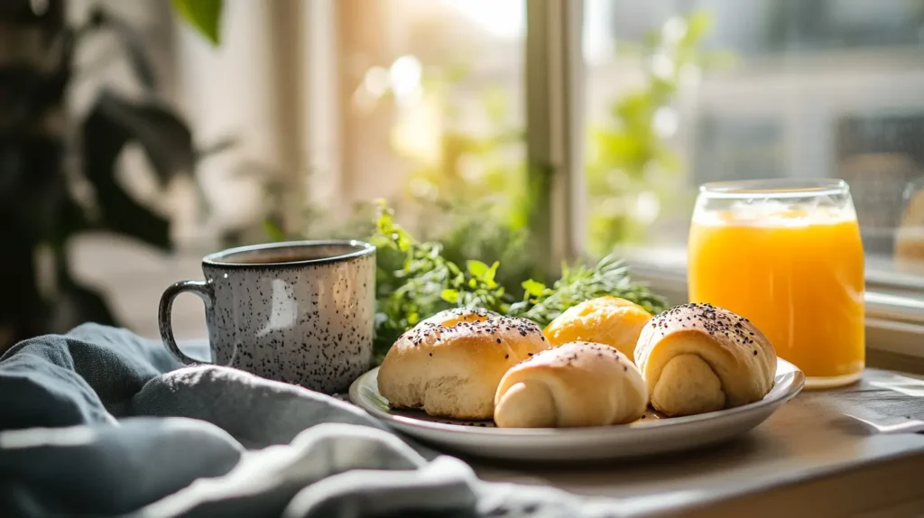 Breakfast pizza rolls served with coffee and fresh orange juice.