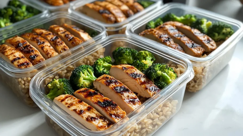 Prepped meal containers with thin sliced chicken, rice, and broccoli.