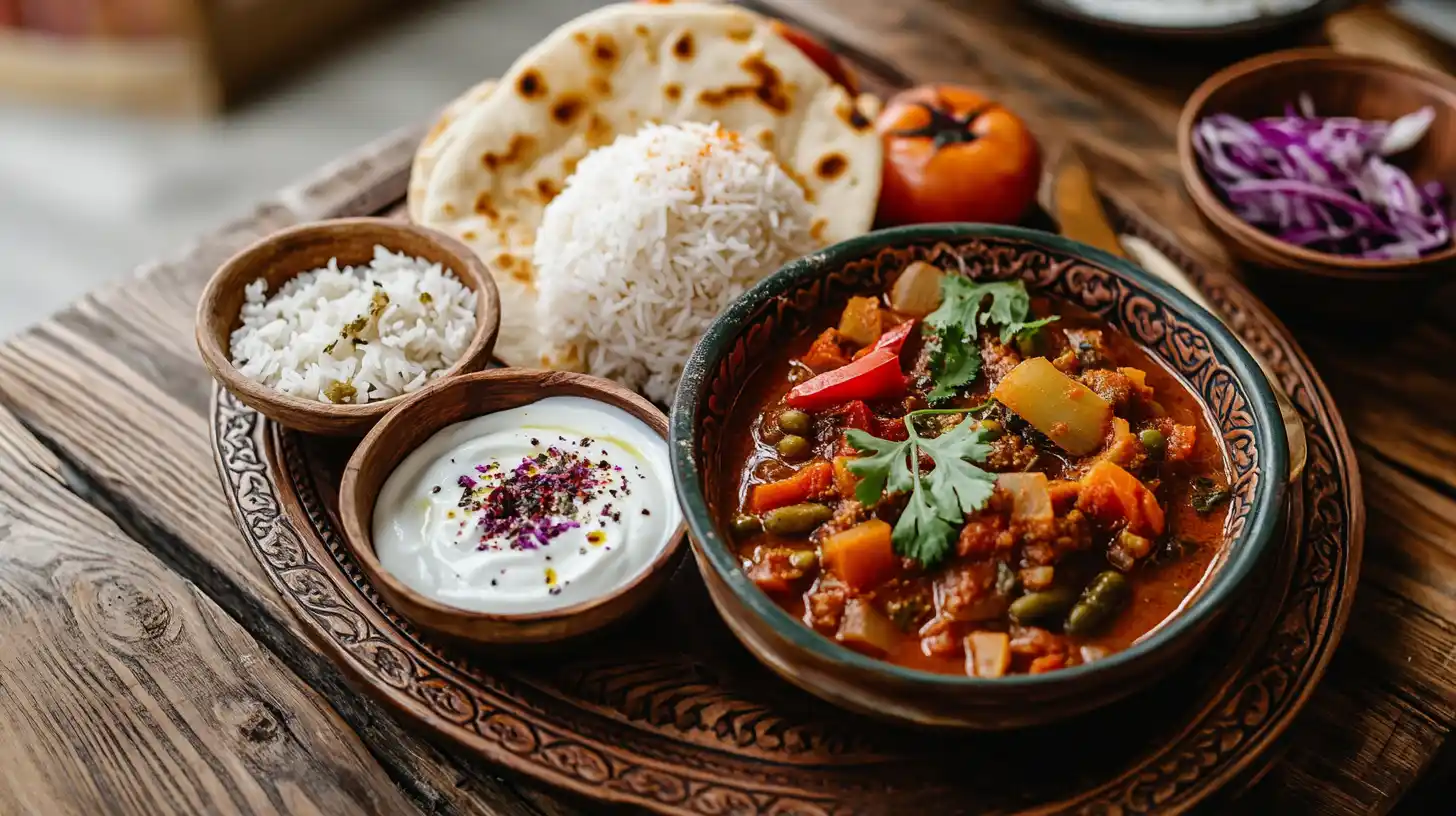 Çeciir served with rice, bread, and yogurt sauce