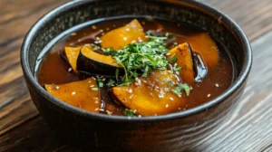 A bowl of traditional Chinese squash soup with herbs and spices.