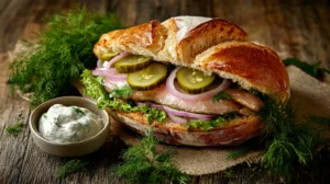 Authentic Matjesbrötchen served on a wooden table.