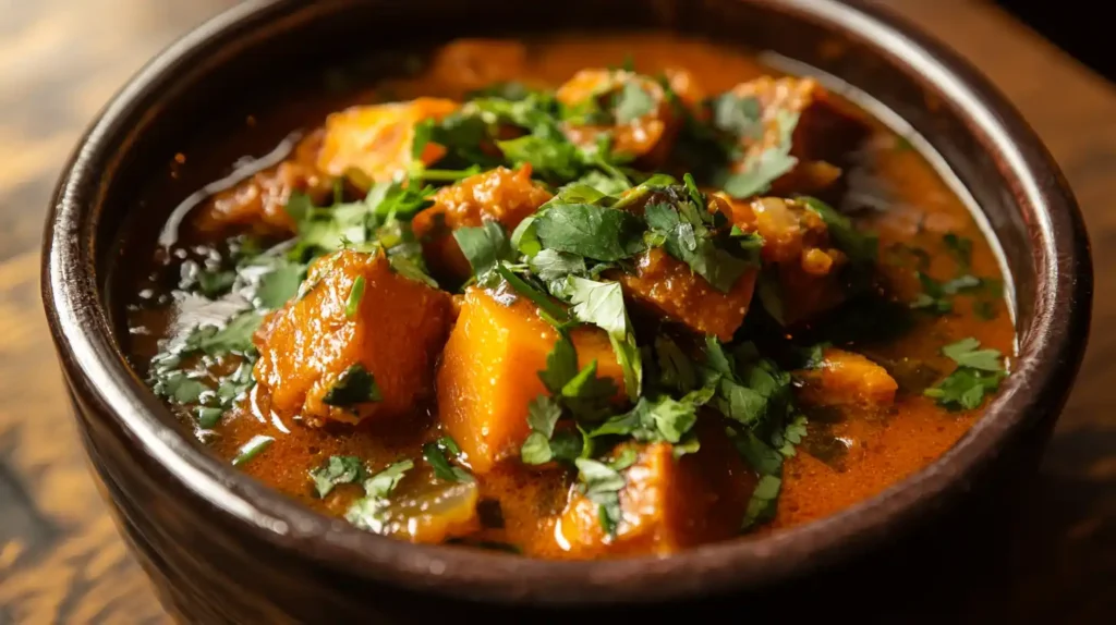 A steaming bowl of squash soup with herbs, spices, and a light broth served in a ceramic bowl.