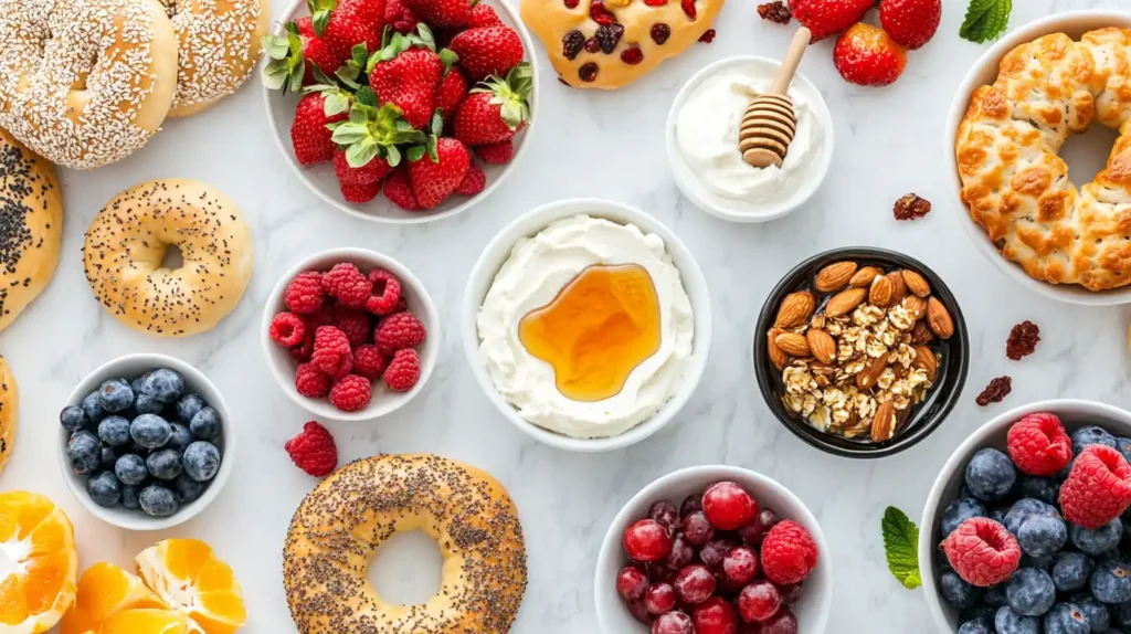 Assorted bagels with flavored cream cheese and toppings.