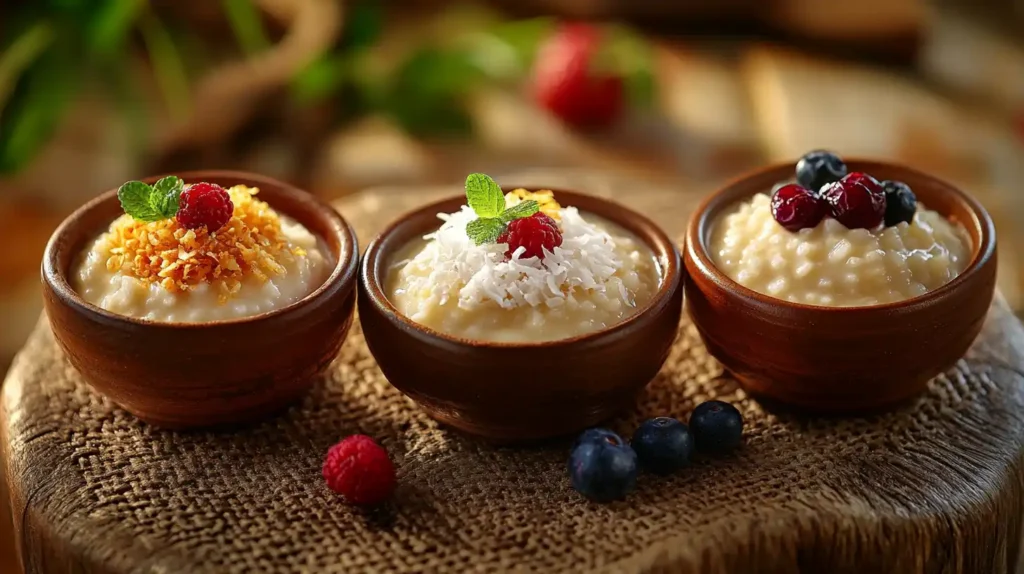 Three small bowls of Arroz con Leche with unique toppings.