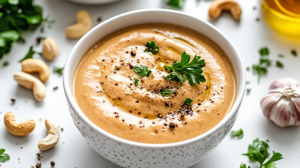 A bowl of creamy vegan cashew sauce surrounded by fresh ingredients