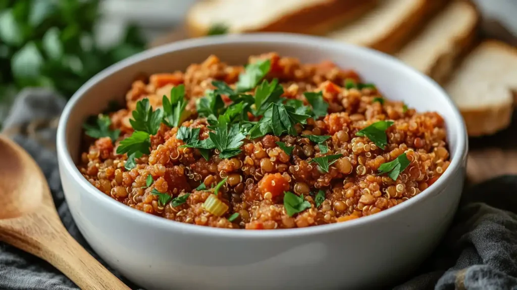 A steaming bowl of vegan lentil and quinoa stew garnished with parsley.