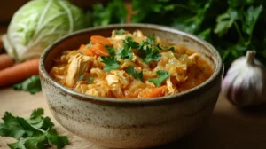 A bowl of chicken and cabbage soup with fresh herbs.