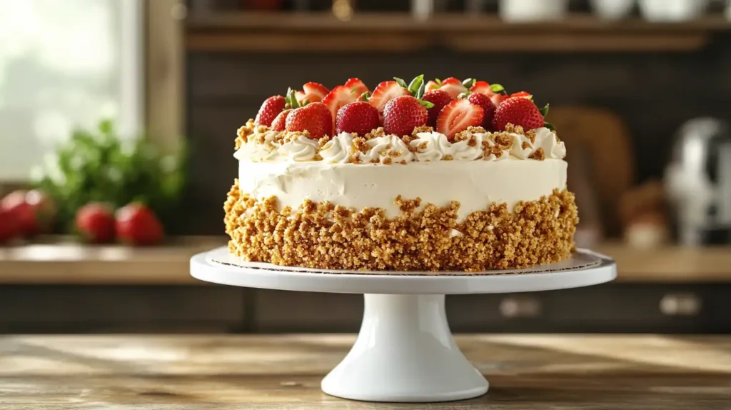 A whole strawberry crunch cake on a cake stand, topped with fresh strawberries and crumbs, ready to serve.