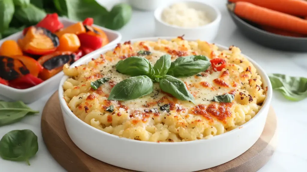 Healthy mac and cheese pizza with a cauliflower crust and veggies