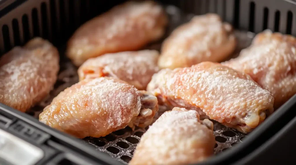 Frozen wings placed inside an air fryer basket before cooking.