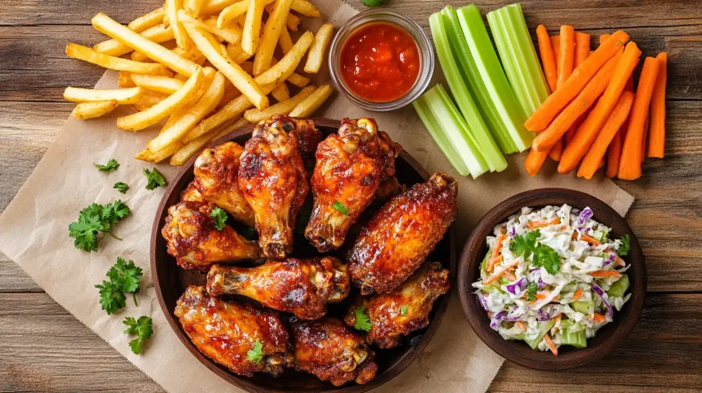 Crispy air fryer frozen wings with French fries, coleslaw, and dipping sauces.