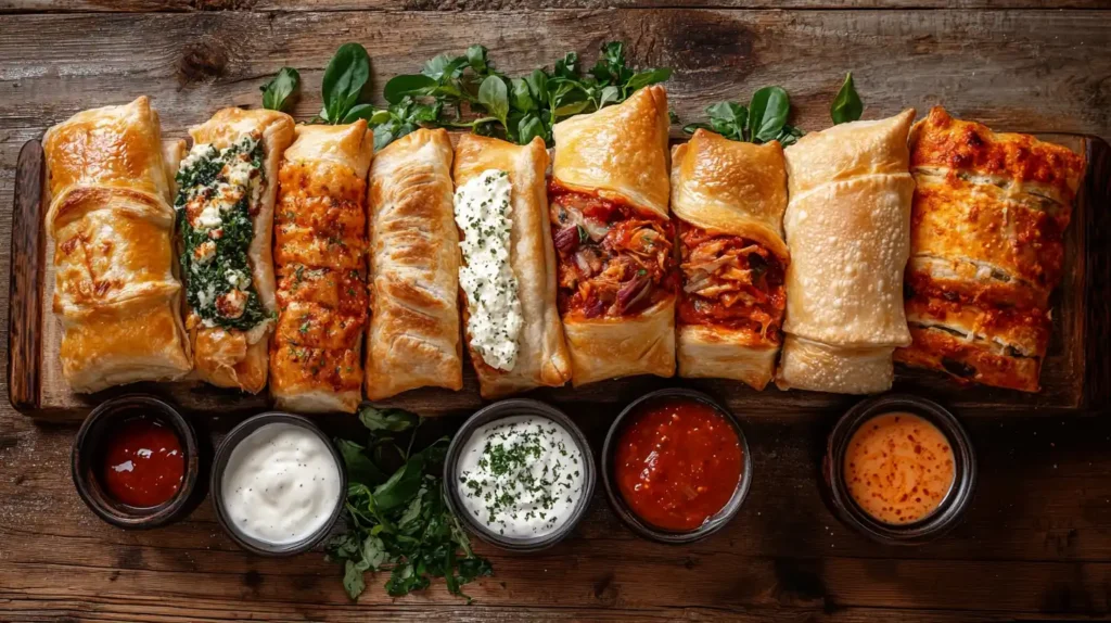 A variety of homemade hot pockets with different fillings on a serving platter.