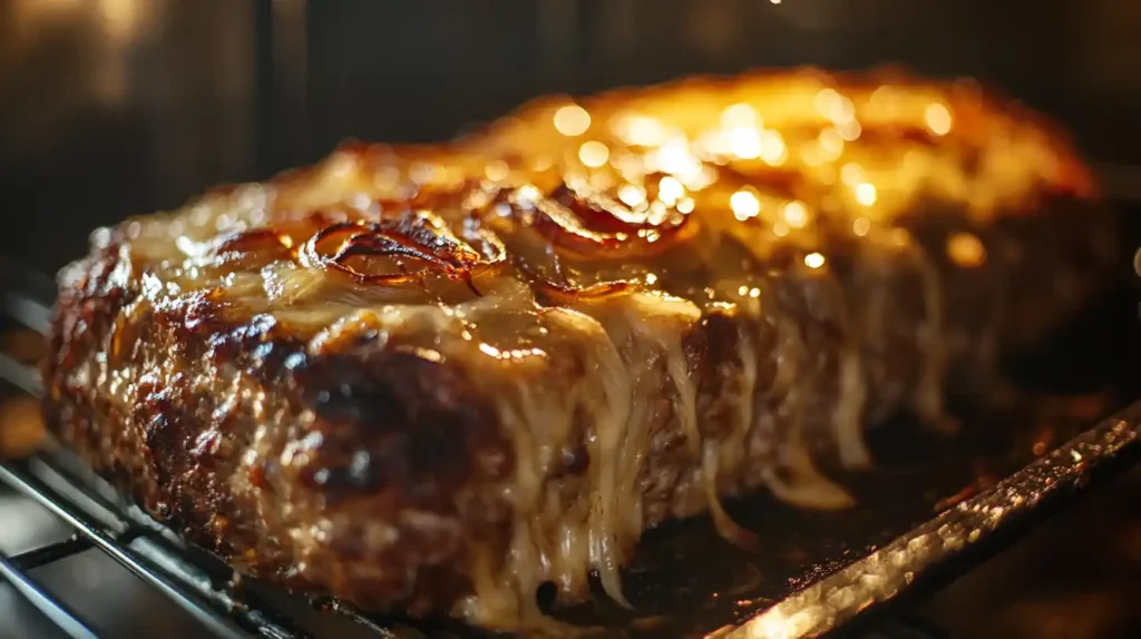 French Onion Meatloaf Baking in the Oven with Bubbling Cheese