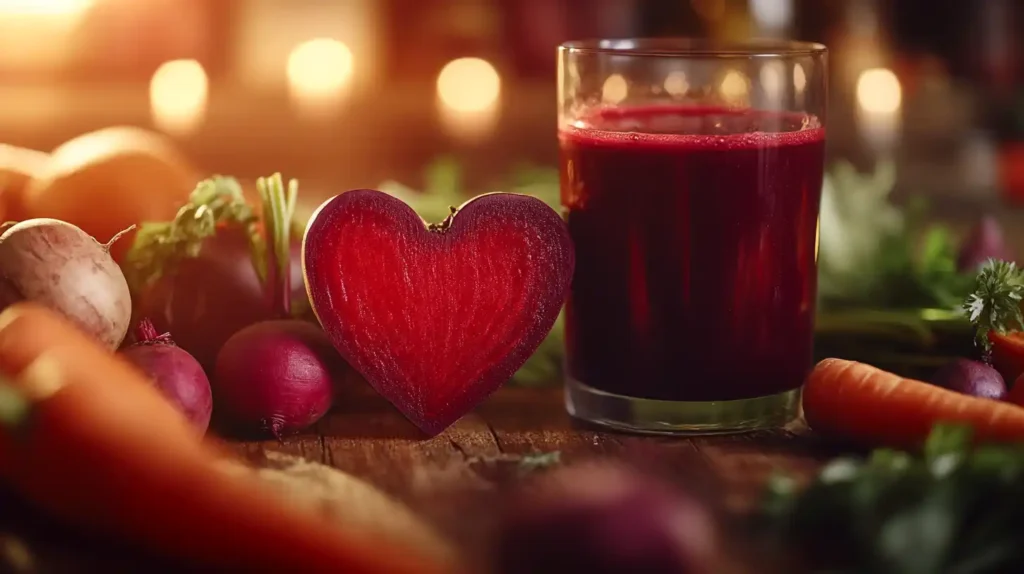 Heart-shaped beet with beet and carrot juice