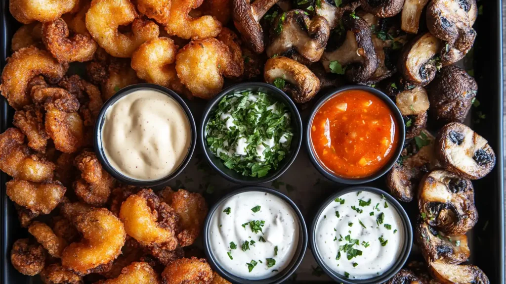 A platter of fried mushrooms with different dipping sauces.