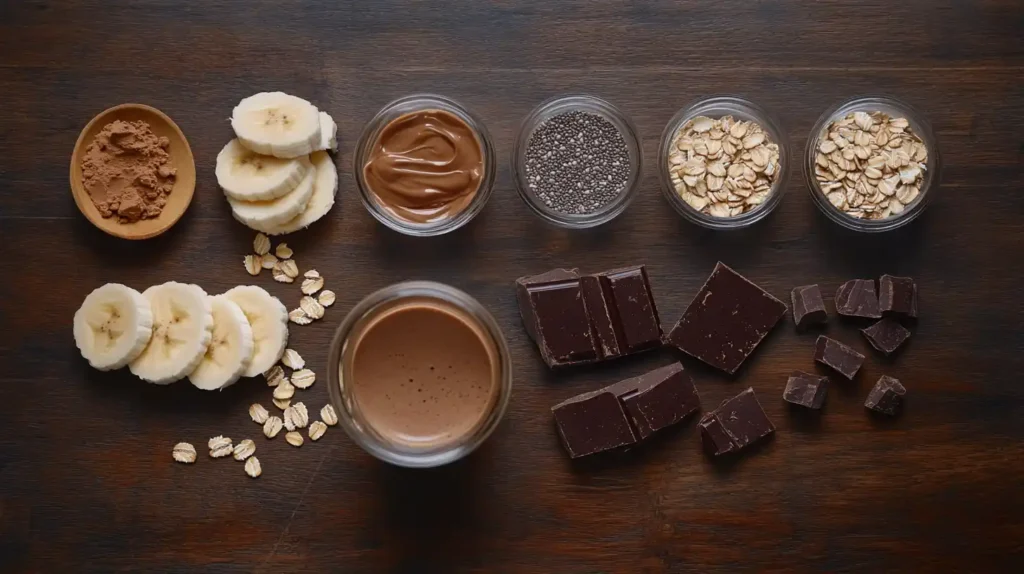 Ingredients for a chocolate protein shake on a wooden table.