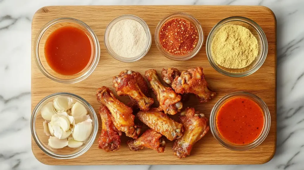 Different seasoning options for air fryer frozen wings on a wooden board.