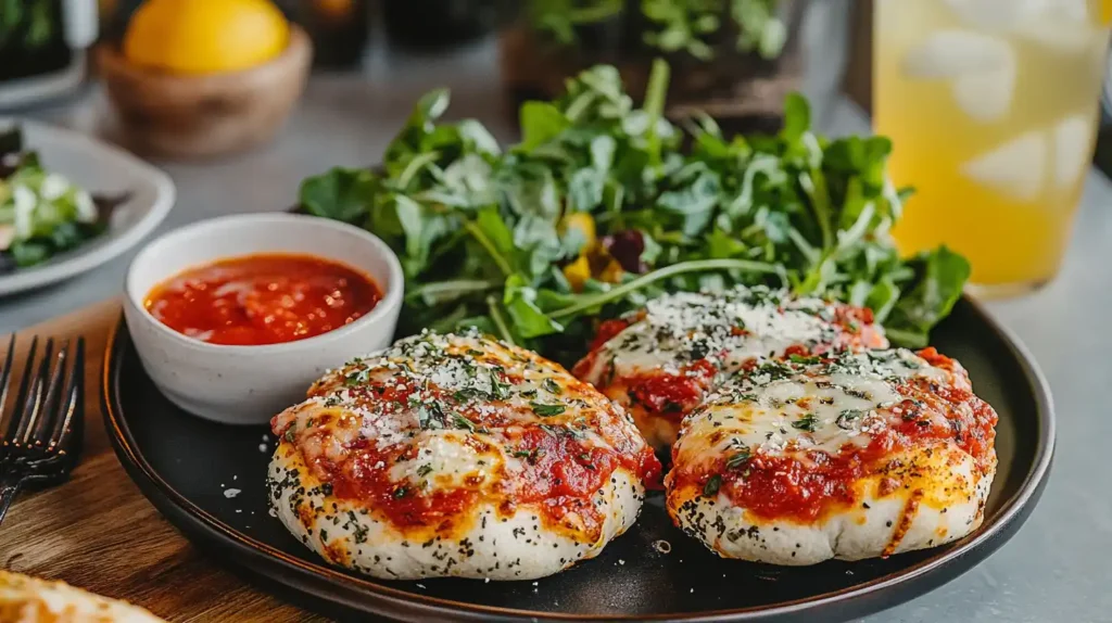 Plated pizza bagels served with marinara and salad.