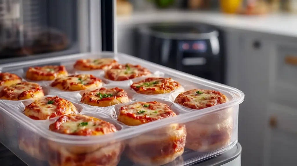 Airtight container with stored pizza bagels inside a fridge.