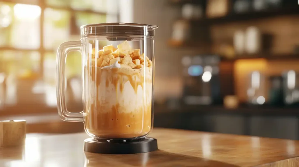 Blending caramel frappuccino for a smooth and creamy texture.