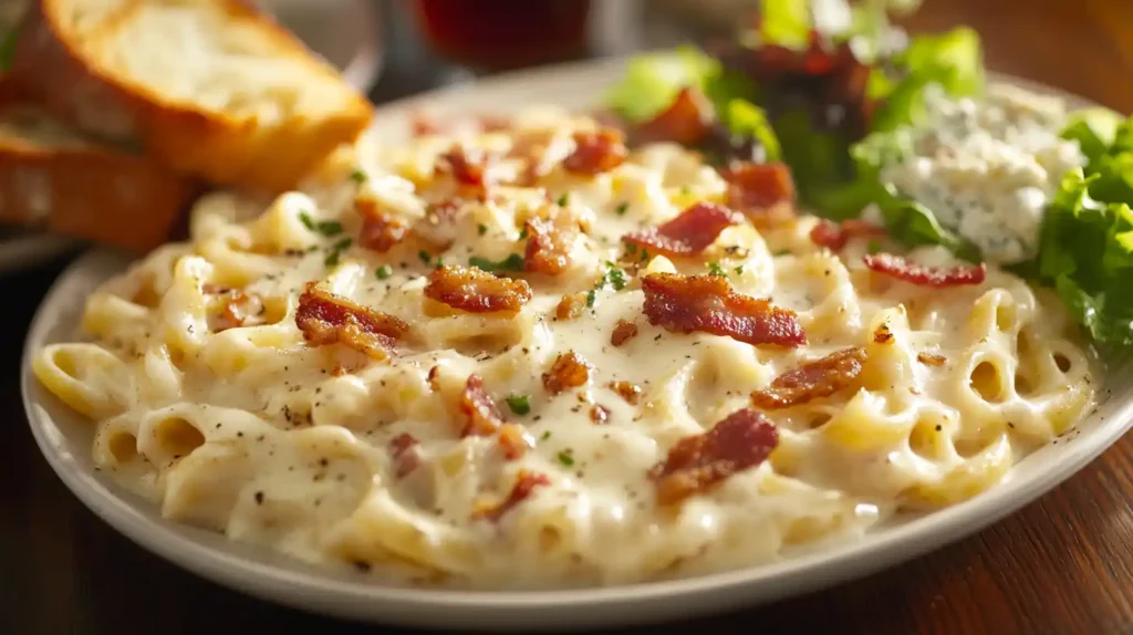 Chicken Bacon Ranch Pasta served with garlic bread and salad.