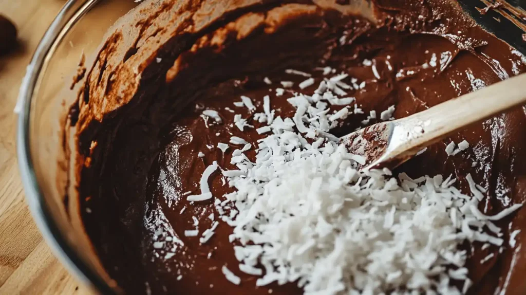 Mixing chocolate coconut cake batter with a spatula.