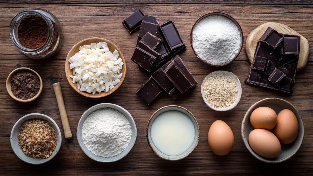 Ingredients for chocolate coconut cake, including chocolate, coconut, flour, and eggs.