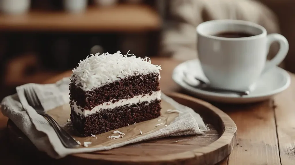 Chocolate coconut cake slice served with coffee.