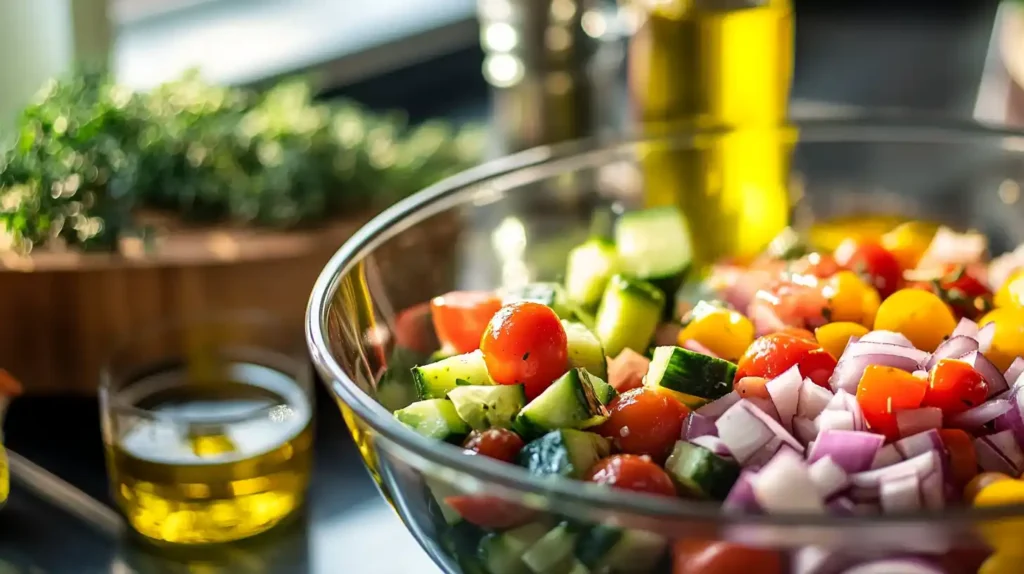 Freshly chopped ingredients for Greek pasta salad in a glass bowl.