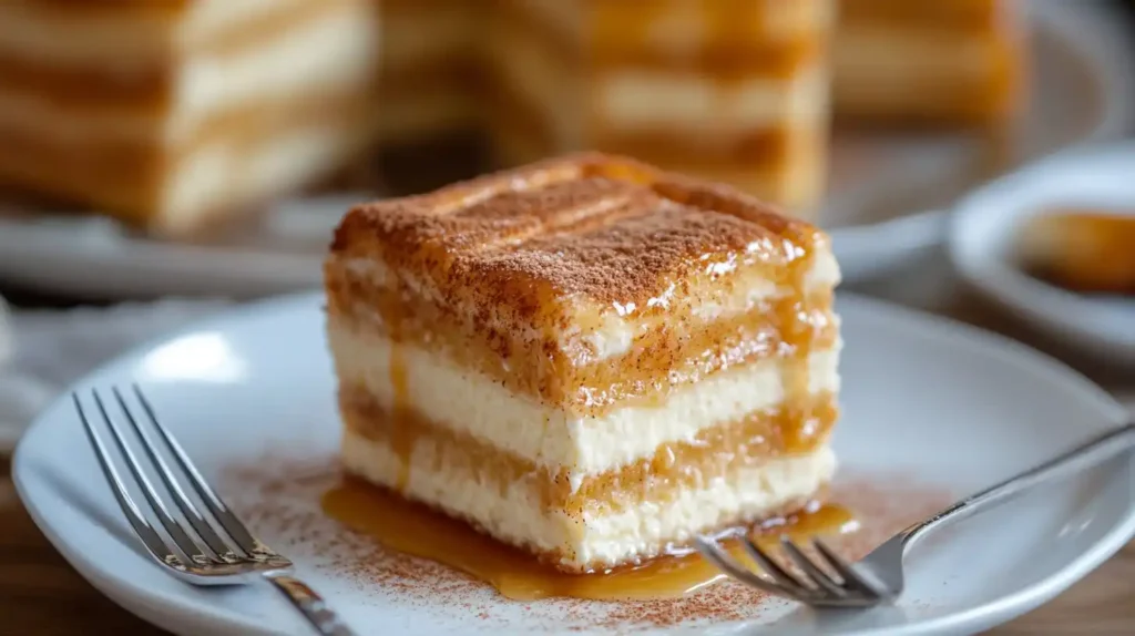 A slice of churro cheesecake drizzled with caramel and cinnamon sugar.