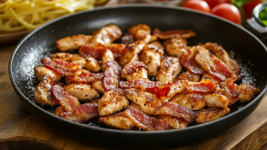 Crispy bacon and seared chicken cooking in a pan.