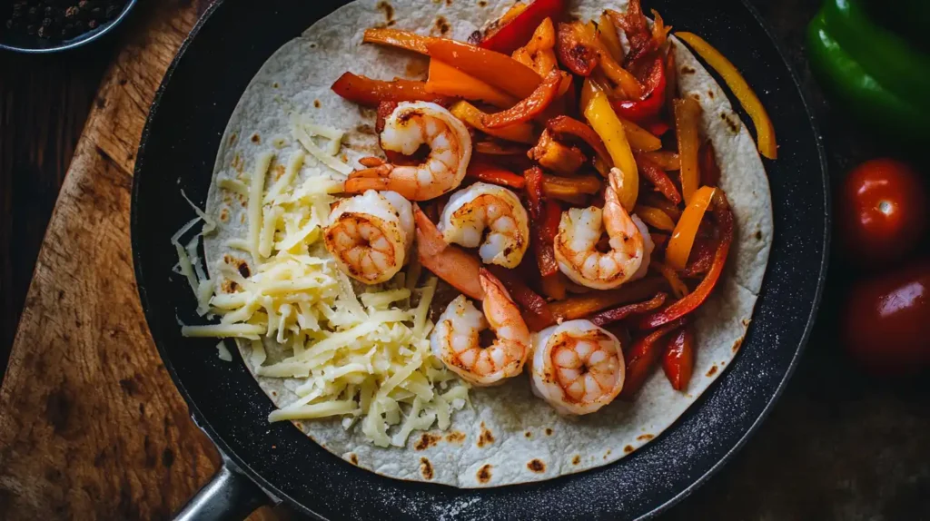 Shrimp quesadilla being assembled on a skillet