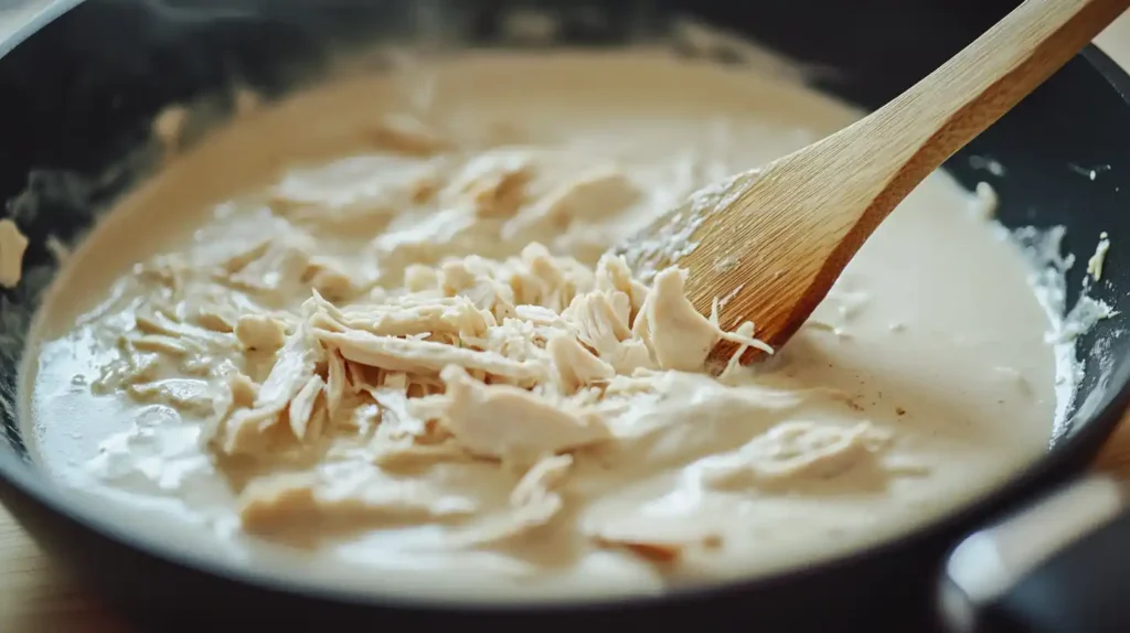 Creamy white sauce for Chicken Tetrazzini with mushrooms and chicken