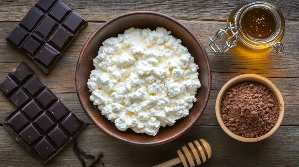 Ingredients for Cottage Cheese Chocolate Mousse displayed on a wooden surface.