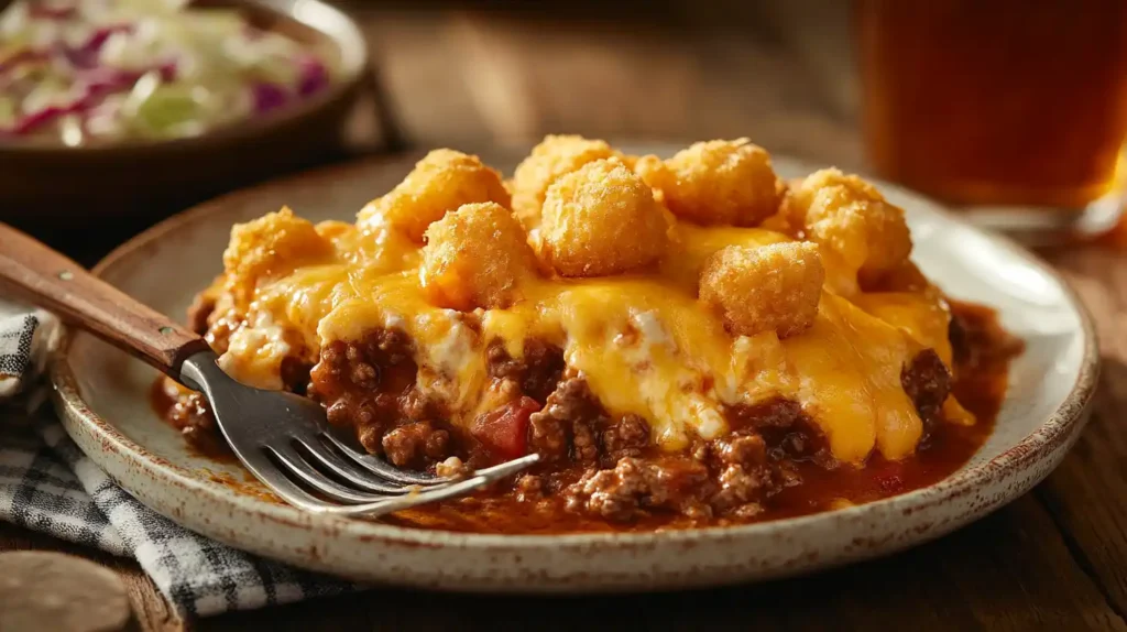 A serving of cowboy casserole on a rustic plate with a fork showing its layers.