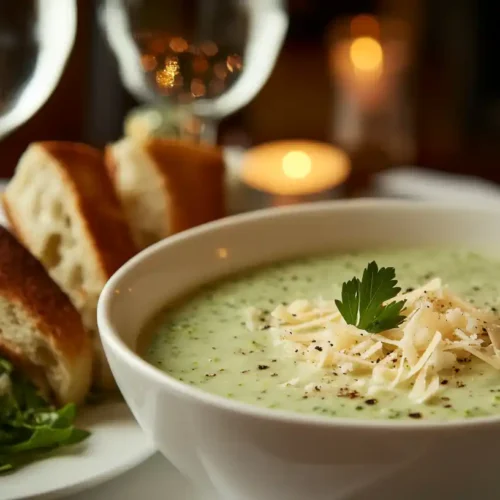 Cream of Broccoli Soup served with garlic bread and salad.