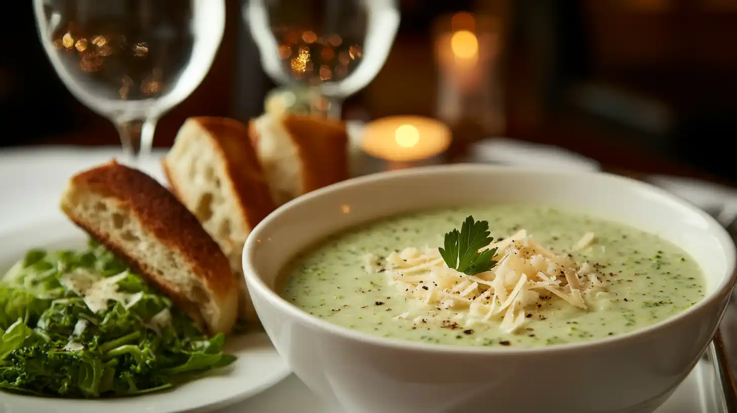 Cream of Broccoli Soup served with garlic bread and salad.