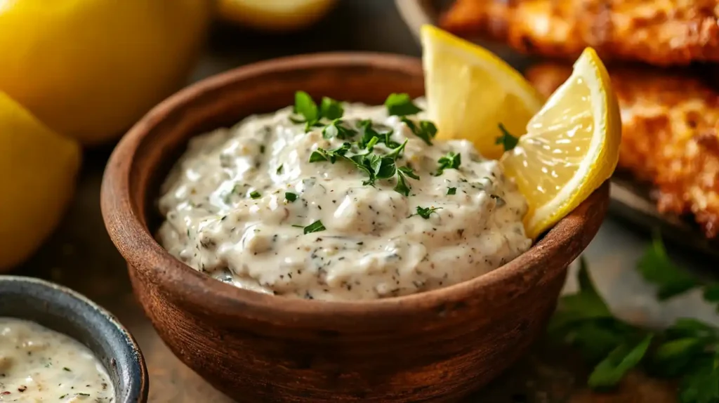 Homemade tartar sauce with crispy baked fish and lemon wedges