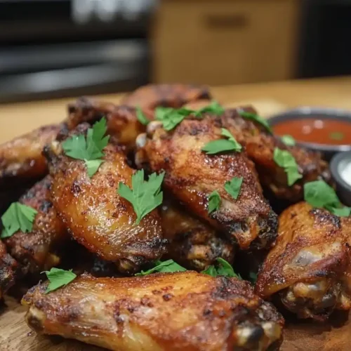 Crispy golden-brown air fryer frozen wings with dipping sauce.