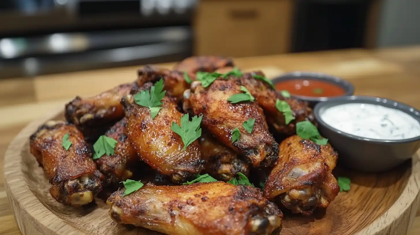 Crispy golden-brown air fryer frozen wings with dipping sauce.