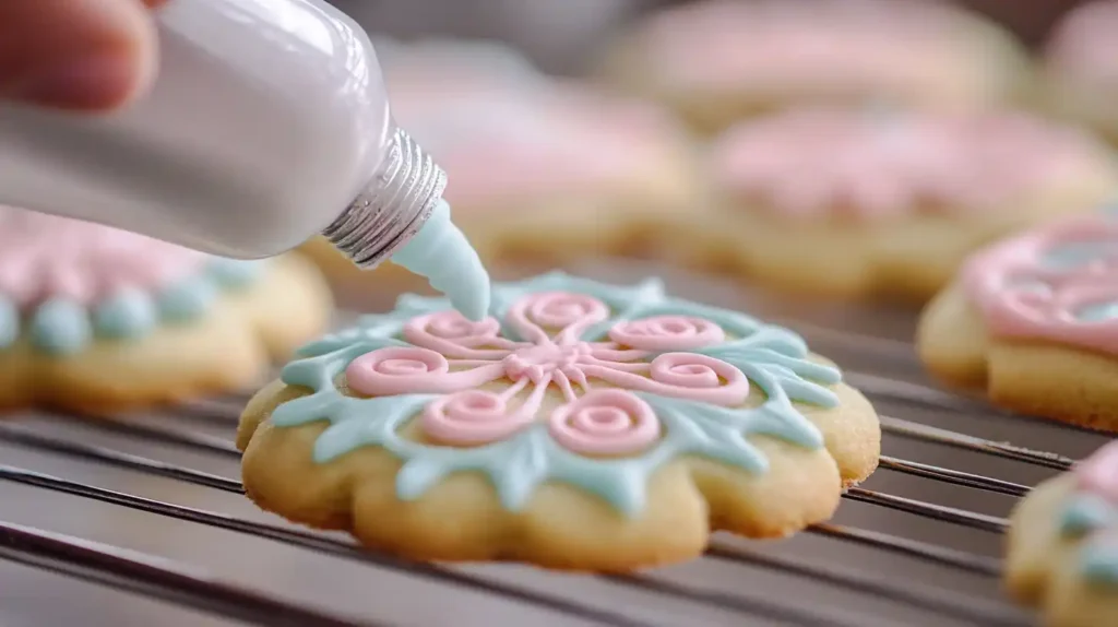 Piping sugar cookie icing onto a cookie.